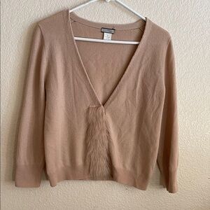 J. Crew Beige V-Neck Sweater with Faux Fur Detail📌 💯 Cashemire ..
